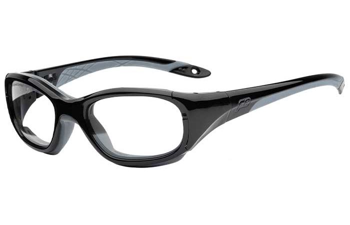 Black, wraparound RecSpecs Slam XL safety glasses with clear lenses. The frame is sleek and glossy, providing both eye protection and a modern look.