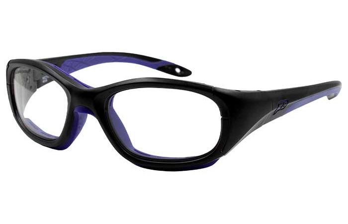 A pair of sleek, black-rimmed RecSpecs Slam XL sports glasses with purple accents on the inside and arms, featuring a durable, wraparound design suitable for active use.