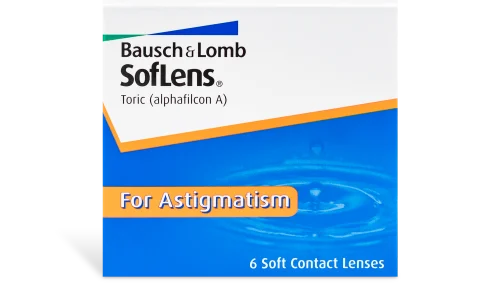 A box of Bausch & Lomb SofLens Toric 6pk contact lenses.