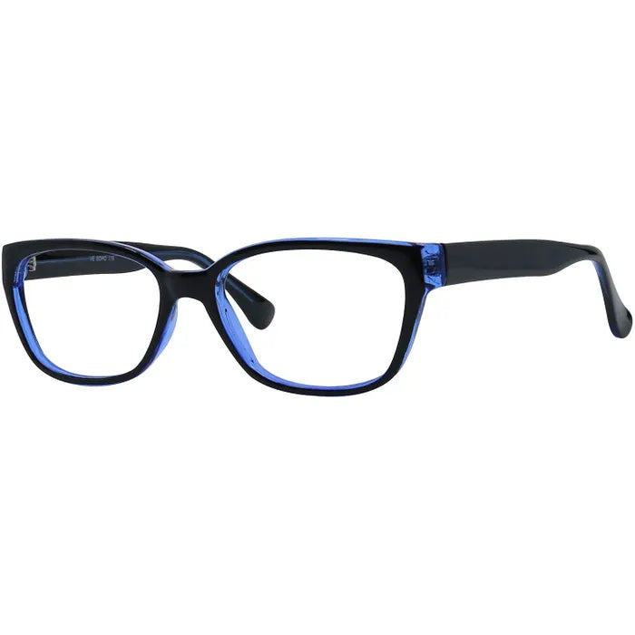 A pair of Vivid Soho 118 glasses in a sleek Black/Blue color combination. These square-framed eyeglasses feature a sturdy plastic frame with clear lenses, predominantly black with blue highlights along the edges, and solid black temples.