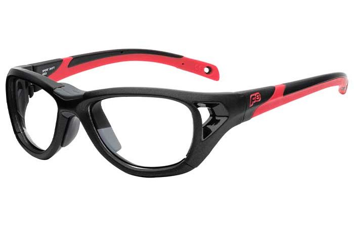 A pair of black and red RecSpecs Sport Shift protective sports glasses with wrap-around design, thick frames, and clear lenses. The temples have red accents and ventilation holes near the tips for added comfort.