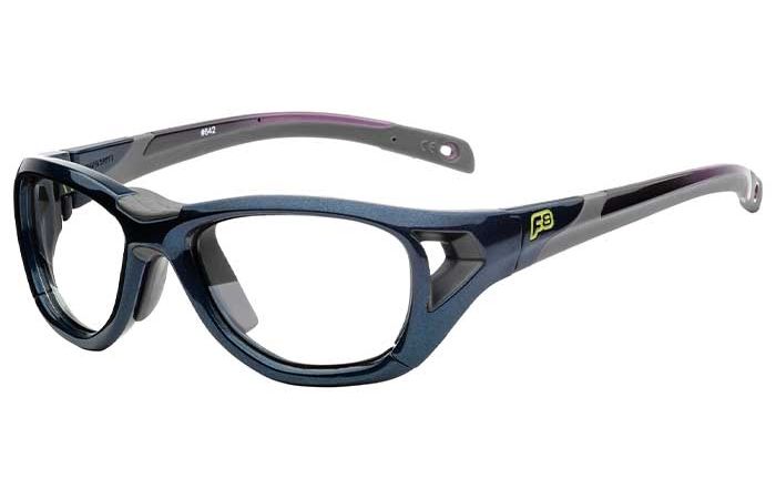 A pair of black and blue RecSpecs Sport Shift safety glasses with clear lenses. The frames have a sporty design with additional side protection, and a small yellow "FS" logo is visible on the temples.