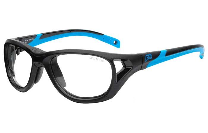 A pair of black and blue RecSpecs Sport Shift XL sports glasses by RecSpecs features a wrap-around design with semi-transparent lenses. The frame includes side shields for extra protection and comfort, and the temples have blue accents on the inside and outer edges.