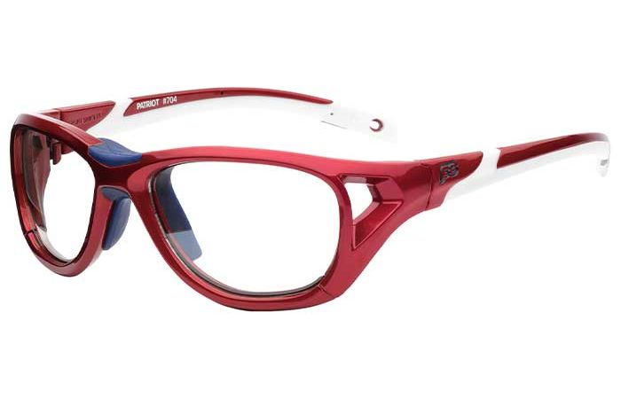 A pair of RecSpecs Sport Shift by RecSpecs with a thick and sturdy frame. The frame is predominantly red with white arms and blue accents, including a blue nose piece. The glasses are designed for high durability and sporty activities.