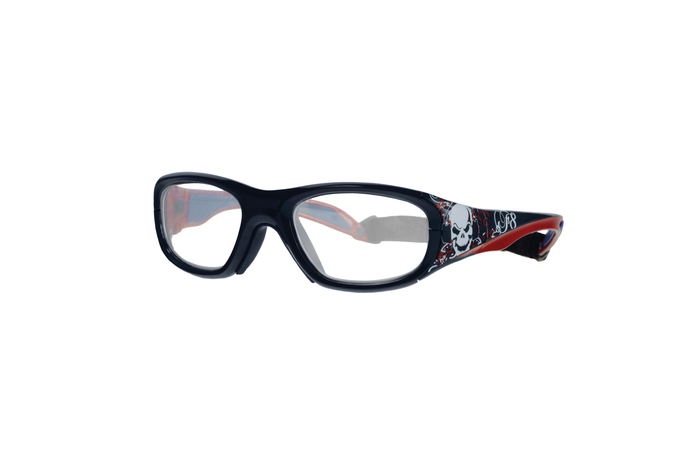 A pair of RecSpecs Street Series black sports goggles with clear lenses and red and black designs featuring skull graphics on the sides. The goggles have a wrap-around frame and an adjustable strap for a secure fit.