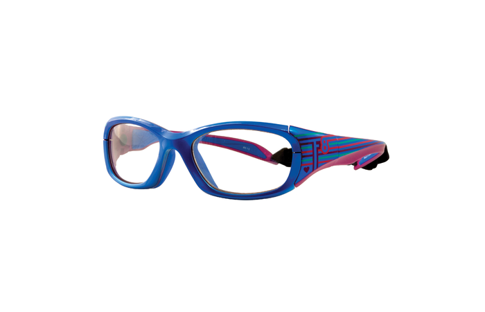 A pair of RecSpecs children's glasses featuring a vibrant design. The frame is predominantly blue with pink accents and intricate line patterns on the temples. The lenses are clear, and the glasses have a sturdy, sporty construction.