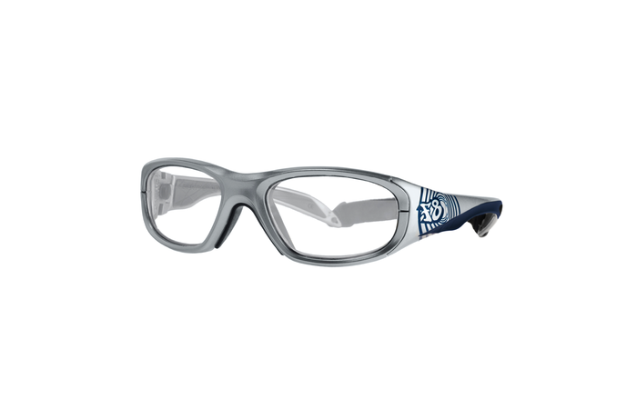 A pair of sporty, wraparound RecSpecs Street Series glasses with clear lenses and a silver and blue frame. The arms of the RecSpecs glasses display a white logo featuring a stylized ‘X’ design.