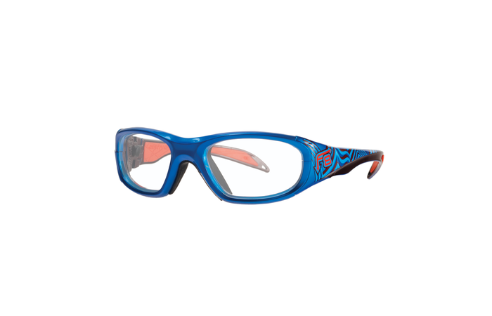 A pair of RecSpecs Street Series sports glasses with blue, thick, and durable frames. The sides of the frames feature a red and black geometric pattern. The lenses are clear, making the glasses suitable for protective wear while engaging in sports activities.