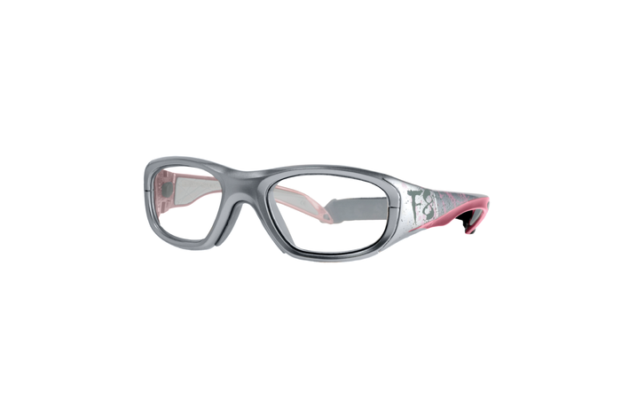 A pair of RecSpecs Street Series safety glasses with clear, rectangular lenses and pink accents on the temples. The temples feature a textured design, providing additional grip and style. The glasses have a sturdy, wrap-around frame suitable for protective use.