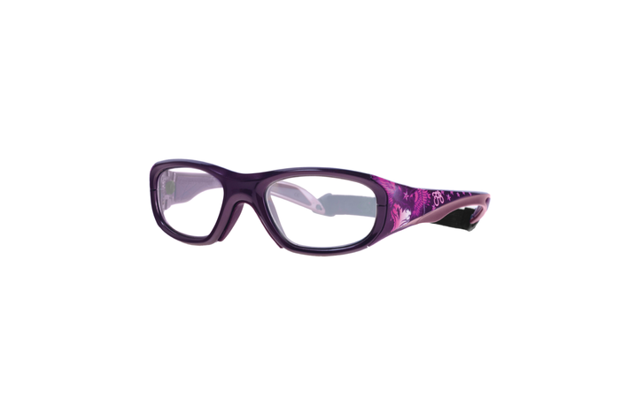 A pair of purple RecSpecs Street Series eyeglasses with thick frames. The temples have a floral pattern and an ergonomic design, providing a wrap-around fit. The lenses are clear, and the overall design is sporty yet stylish. The RecSpecs glasses are set against a white background.