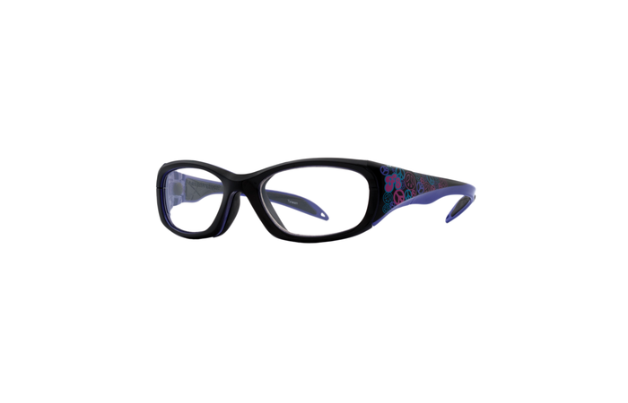 A pair of RecSpecs Street Series black-rimmed prescription glasses with a slight wraparound design. The side arms feature a decorative pattern with blue and red circular designs. The lenses are clear, and the overall style is sporty and modern.