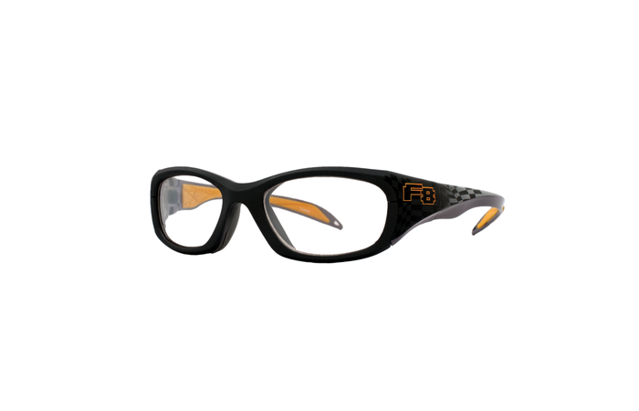 A pair of RecSpecs Street Series black wraparound sports sunglasses with orange-tinted lenses and the logo "F8" in orange on the left arm. The design includes an opening above the nose bridge and textured details on the arms.