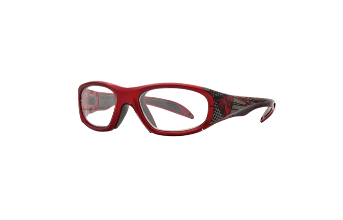 A pair of RecSpecs children's sports glasses with a sleek design featuring a predominantly red frame, accented with black and white graphic patterns on the sides. The RecSpecs Street Series glasses have a wraparound style for a secure fit.