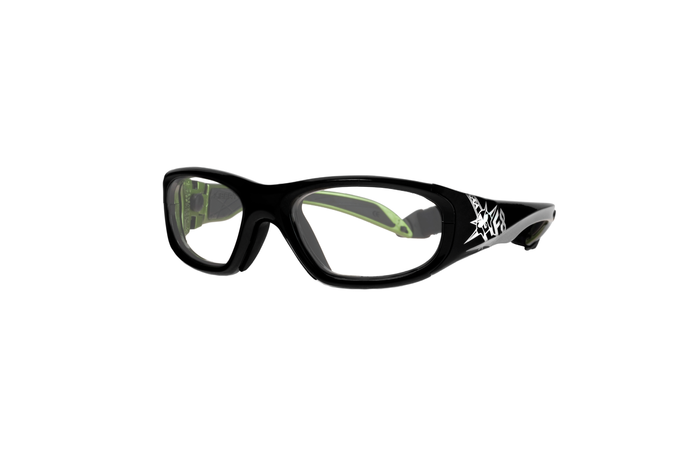 A pair of black-rimmed RecSpecs Street Series sports glasses with clear lenses. The frame has a wraparound design with green accents and a white graphic on the side of the arms. The RecSpecs Street Series glasses are designed to provide protection and a secure fit during physical activities.