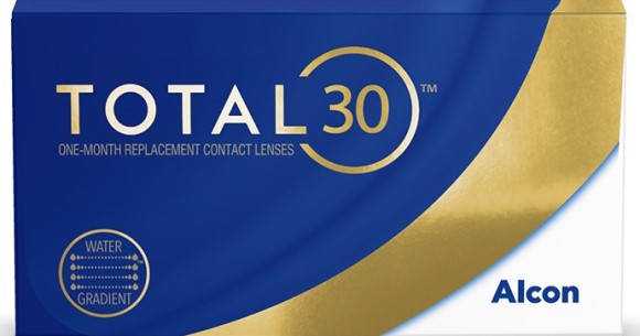 A blue and gold package houses Alcon TOTAL 30™ 6-Pack contact lenses with Water Gradient Technology, ideal for monthly replacement lenses.