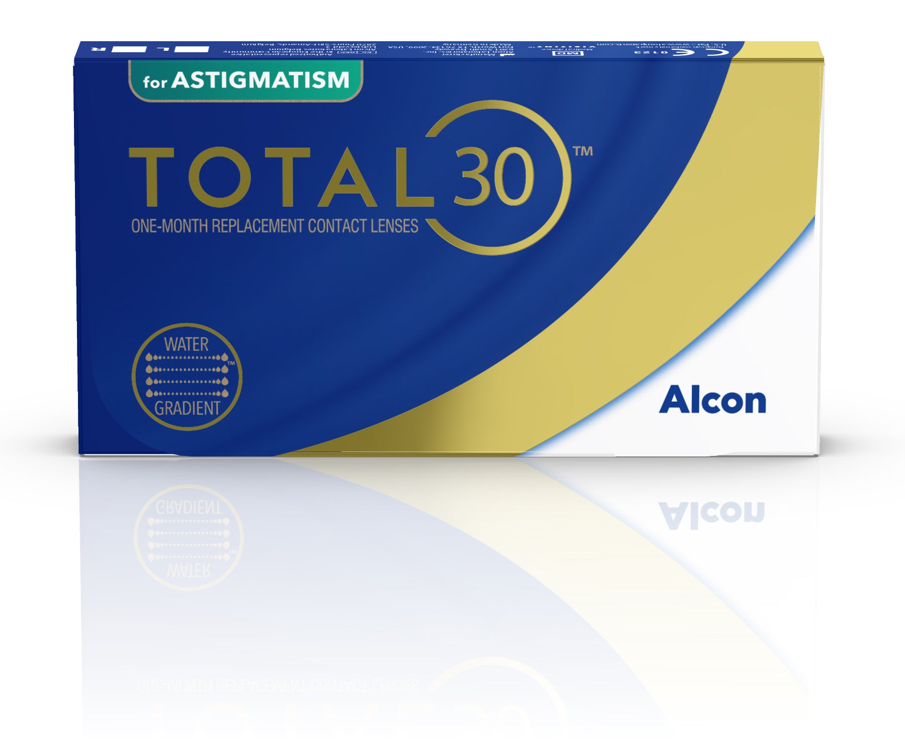 A blue and yellow box with a white background, featuring a subtle water gradient design, ideal for toric contact lens users seeking a stylish monthly replacement option like TOTAL30® for Astigmatism 6pk from Alcon.
