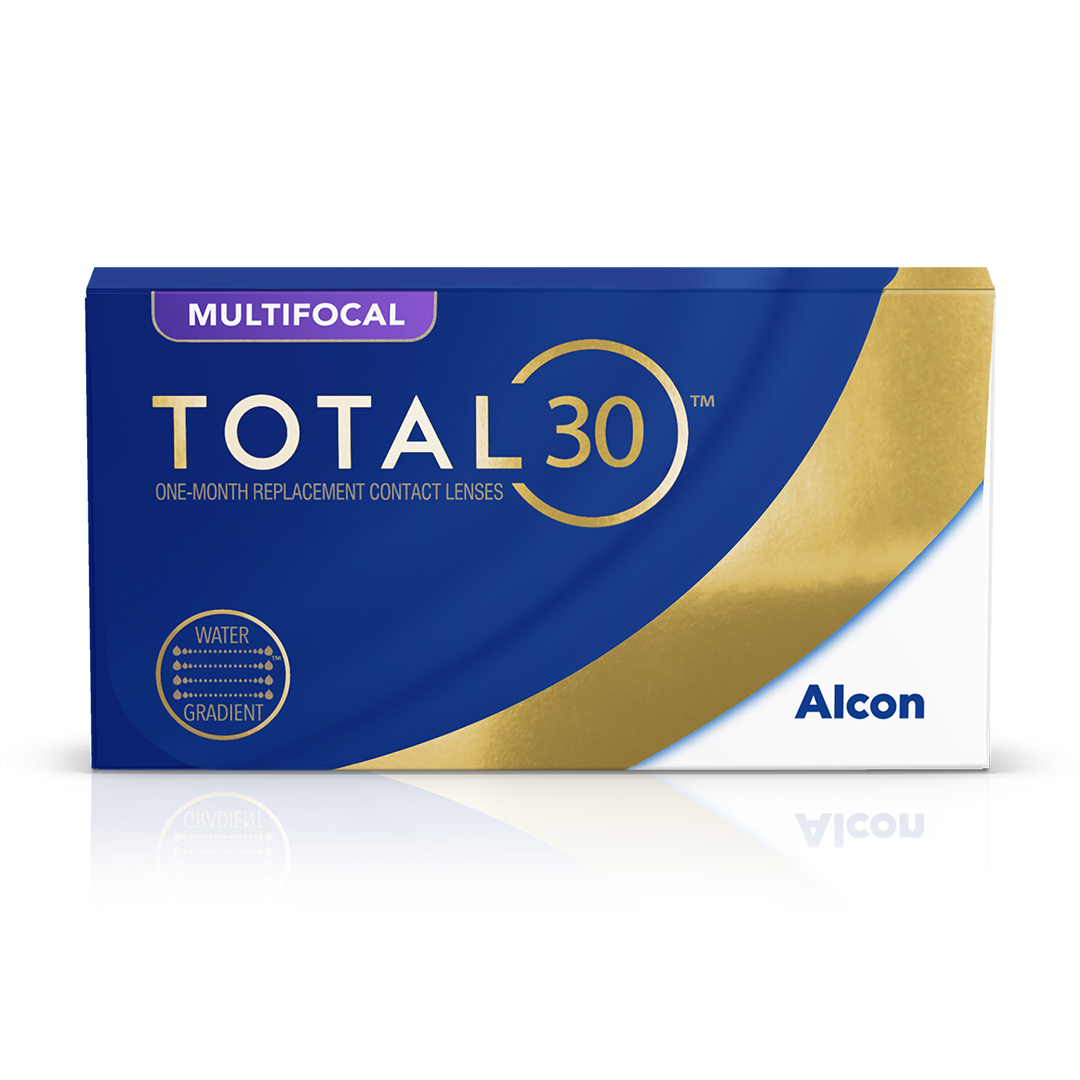 A blue and gold box with white text highlights the advanced Water Gradient technology of these TOTAL30® for Multifocal 6pk contact lenses by Alcon designed for monthly replacement.