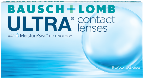 A box of Bausch & Lomb ULTRA® 6-pack contact lenses featuring MOISTURESEAL technology to keep your eyes comfortable all day.
