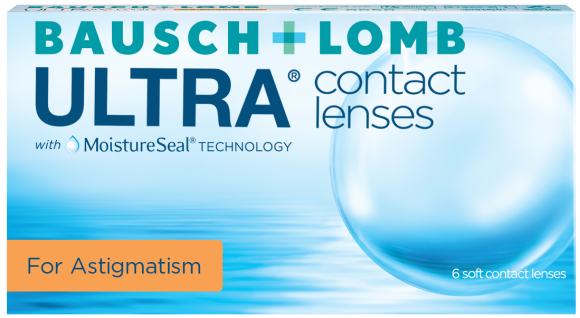 A box of Bausch & Lomb ULTRA® for Astigmatism 6-pack contact lenses, featuring MoistureSeal Technology and Spherical Aberration Control. Labeled for astigmatism, the box contains 6 soft contact lenses. The background showcases a watery graphic with a large lens image.