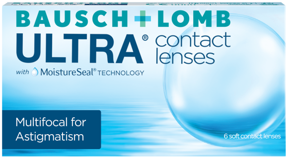 A box of Bausch & Lomb Ultra® Multifocal for Astigmatism 6-pack contact lenses featuring MoistureSeal Technology.