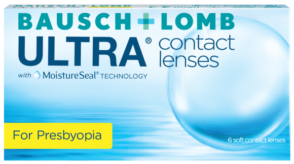 A box of Bausch & Lomb ULTRA® for Presbyopia 6-pack featuring the innovative 3-Zone Progressive Design.