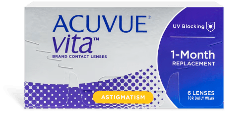 The image shows a box of Johnson & Johnson ACUVUE® VITA™ for Astigmatism 6pk contact lenses specifically for astigmatism correction. The white and blue packaging highlights features such as UV blocking, HydraMax Technology, and 1-month replacement. The box contains 6 lenses for daily wear.