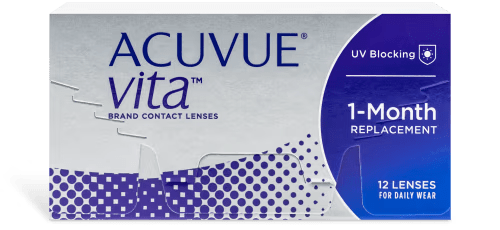 A box of ACUVUE® VITA™ by Johnson & Johnson monthly contact lenses with UV protection.