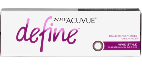 Box of 1-Day Acuvue Define beauty-enhancing contact lenses by Johnson & Johnson with LACREON technology. Text on the box reads "Vivid Style, 30 Lenses with UV Blocking." The background is white, and the word "define" is printed in a large, purple, cursive font.