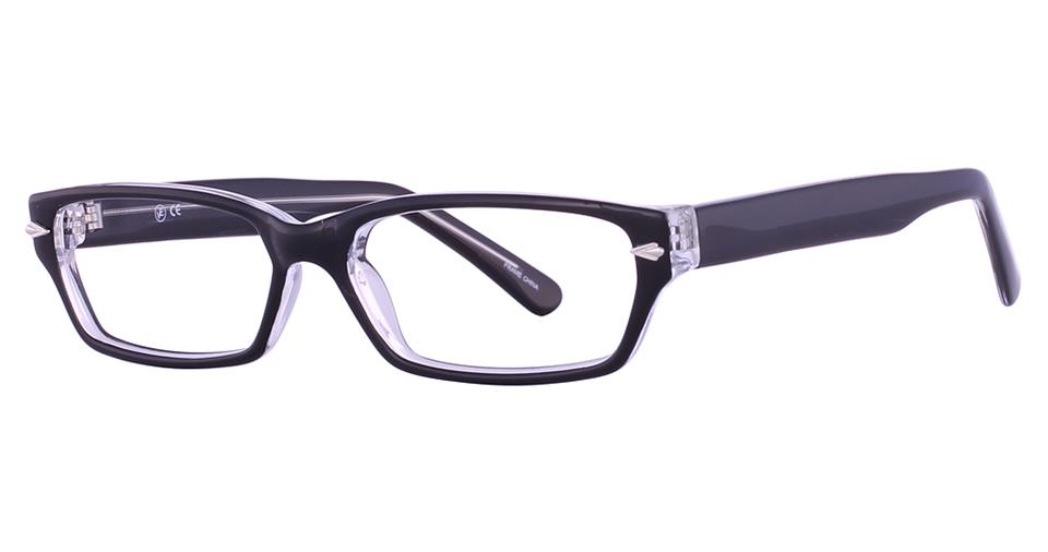 A pair of Vivid Soho 1000 eyeglasses with black rectangular frames and clear accents on the temples. The durable plastic frame has a glossy finish, offering a sleek and modern design suitable for both casual and professional settings.
