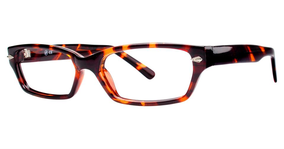 A pair of Vivid Soho 1000 eyeglasses with black tortoise frames. The rectangular frame has a mix of dark brown and amber hues and features metal accents on the temples. Made from durable plastic, the lenses are clear, and the overall design is stylish and modern.