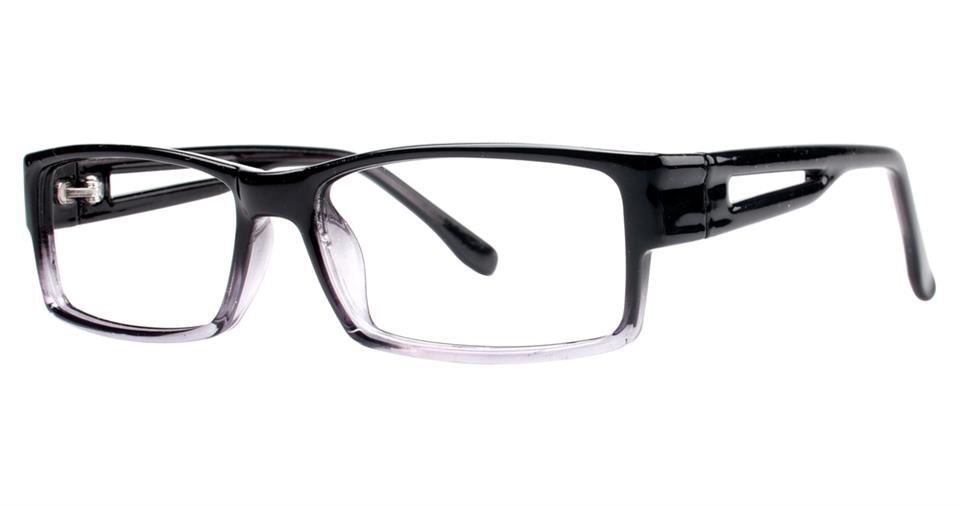 The Vivid Soho 1001 eyeglasses feature a pair of black rectangular frames with clear lenses. Made from durable plastic, the frames are solid at the top and transition to transparent at the bottom. With wide temples that slightly taper towards the ends, these Black/Grey DK Tortoise MT Black glasses offer both style and comfort.