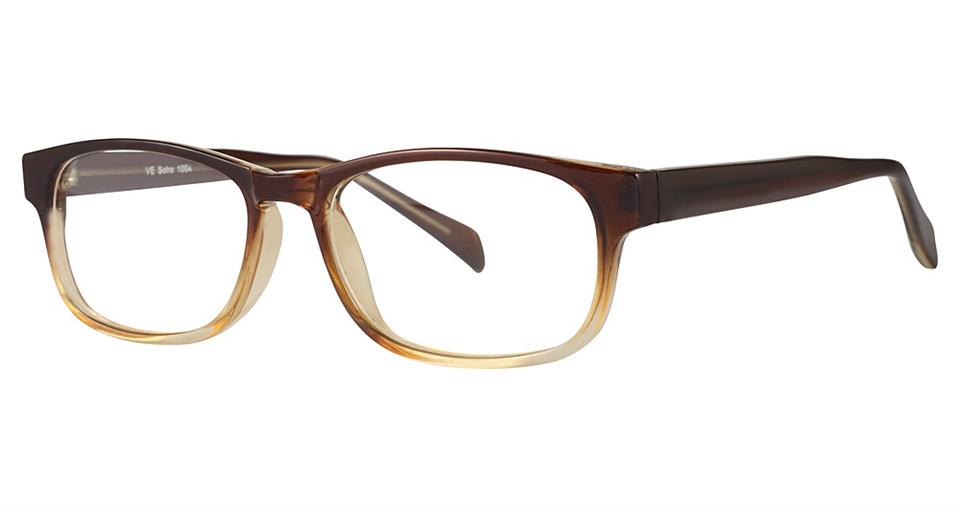 A pair of chic, brown Vivid Soho 1004 eyeglasses with a gradient frame transitioning from dark brown at the top to a lighter beige at the bottom. Crafted from durable plastic, these glasses feature thick temple arms and clear lenses, perfect for everyday wear.