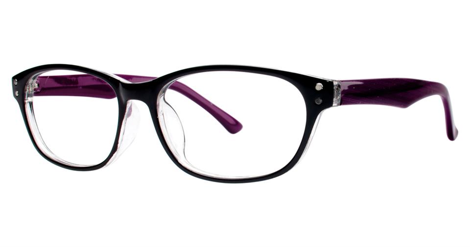 A pair of stylish Vivid Soho 1006 eyeglasses featuring black, durable plastic frames with clear bottom rims and purple temples. Perfect for everyday wear, these glasses have a slightly rounded square shape and small silver accents near the hinges.