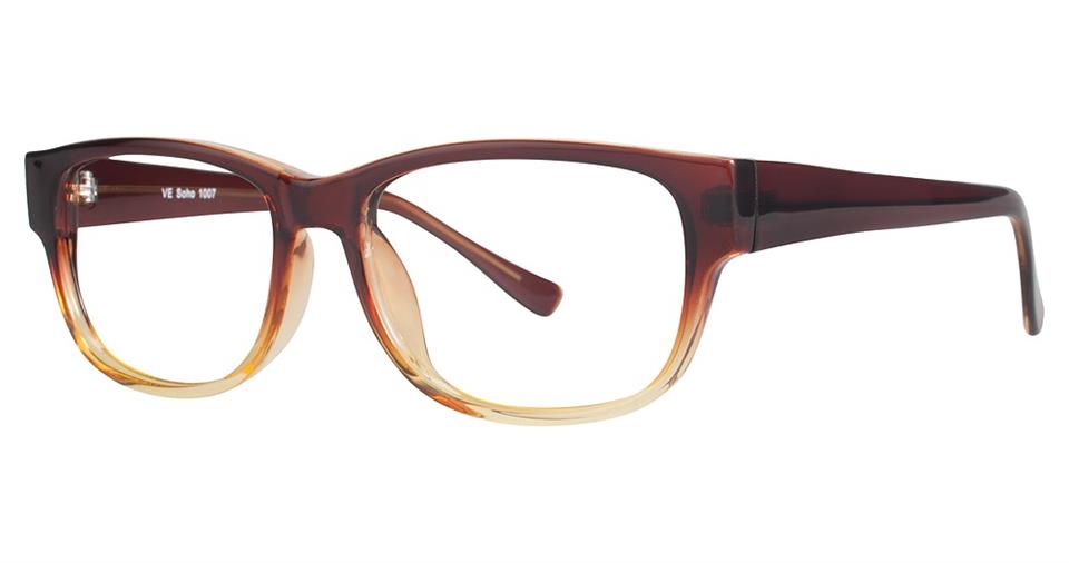 A pair of fashionable Vivid Soho 1007 eyeglasses with a distinctive color gradient frame, transitioning from dark brown at the top to a lighter amber at the bottom. The lenses are rectangular and the durable plastic arms are solid brown, slightly thick, and tapering towards the ends.