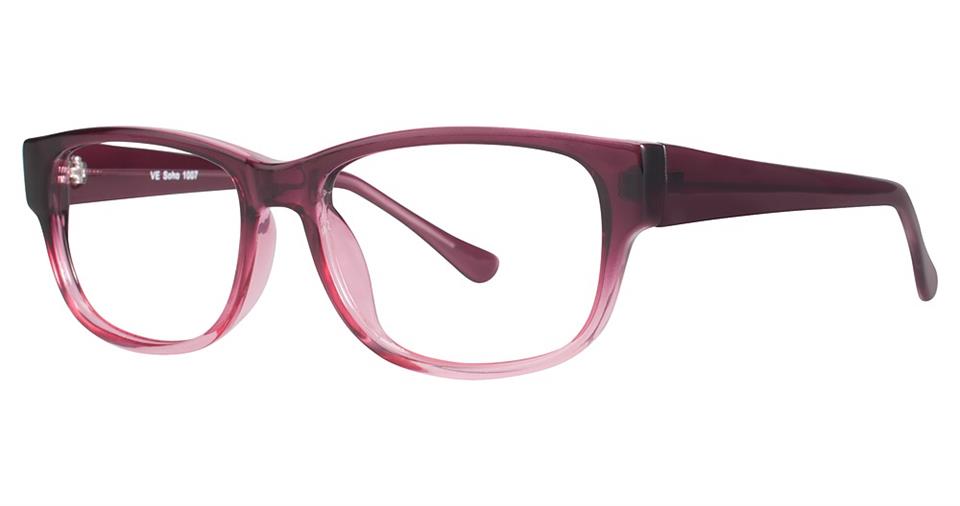 Introducing the Vivid Soho 1007 eyeglasses, a pair of rectangular frames made from durable plastic. The frame features a translucent design that transitions from dark pink at the temples to a lighter pink at the bottom of the rims, offering vibrant color options. The sleek temples have a slightly curved shape.