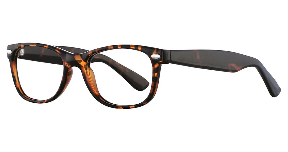 A pair of Vivid Soho 1008 eyeglasses with a tortoiseshell pattern on the front frame and matte dark brown arms. The glasses have a classic rectangular shape with a slightly curved bridge and metal rivets on the corners of the front frame.
