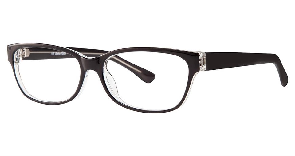 A pair of black, rectangular Vivid Soho 1009 eyeglasses with clear accents on the corners of the front frame. The temples, crafted from high-quality plastic, are solid black and boast a sleek, modern design. The lenses are clear and slightly oversized. The overall style is contemporary and versatile.