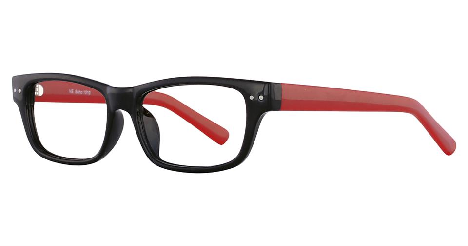 A pair of Vivid Soho 1010 eyeglasses featuring a sleek, rectangular design with a black front frame and red arms. Crafted from high-quality plastic, they boast vibrant style with small silver accents near the hinges and an interior of red visible through transparent sections.