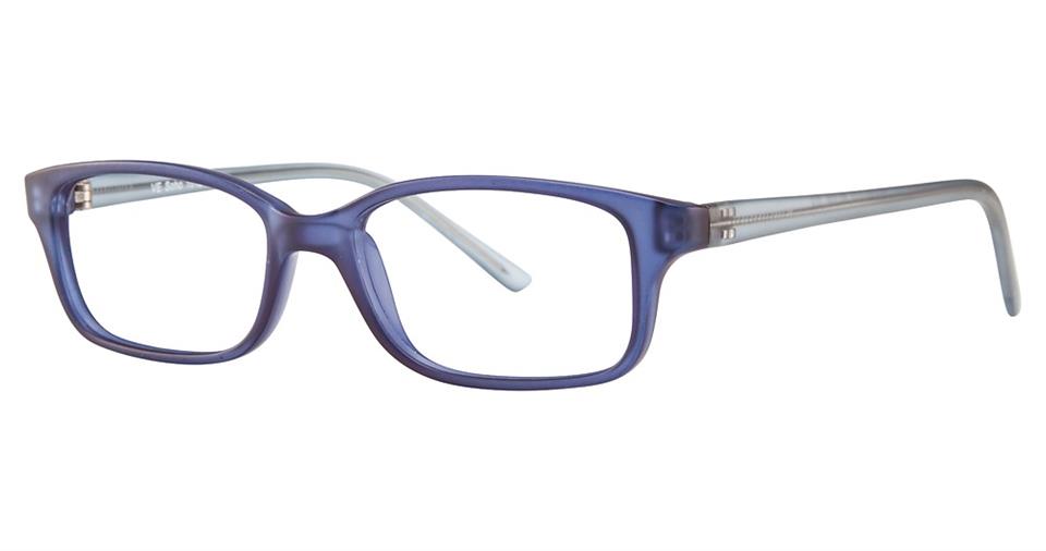 A pair of Vivid Soho 1012 eyeglasses with rectangular, translucent blue frames made from durable plastic, complemented by light gray temples, placed on a white background.