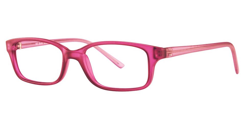 Pink rectangular eyewear with a slightly translucent frame and thin temples. The Vivid Soho 1012 eyeglasses boast a modern design, blending vibrant style with durable plastic frames, making them perfect for everyday use.