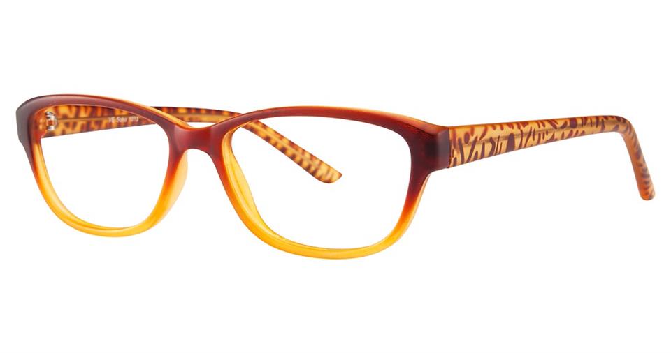 The Vivid Soho 1013 eyeglasses feature a stylish design with a gradient transition from orange at the top to yellow at the bottom. Crafted from high-quality plastic, the cat-eye frame has a sleek, modern finish, and the arms boast a tortoiseshell pattern in shades of brown and amber.