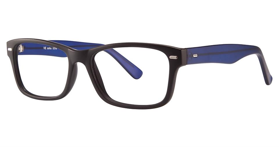 A pair of Vivid Soho 1014 eyeglasses with black frames made from high-quality plastic. The temples are black on the outside and blue on the inside, adding a touch of color to the modern style. Small silver accents near the hinges enhance their sleek design.