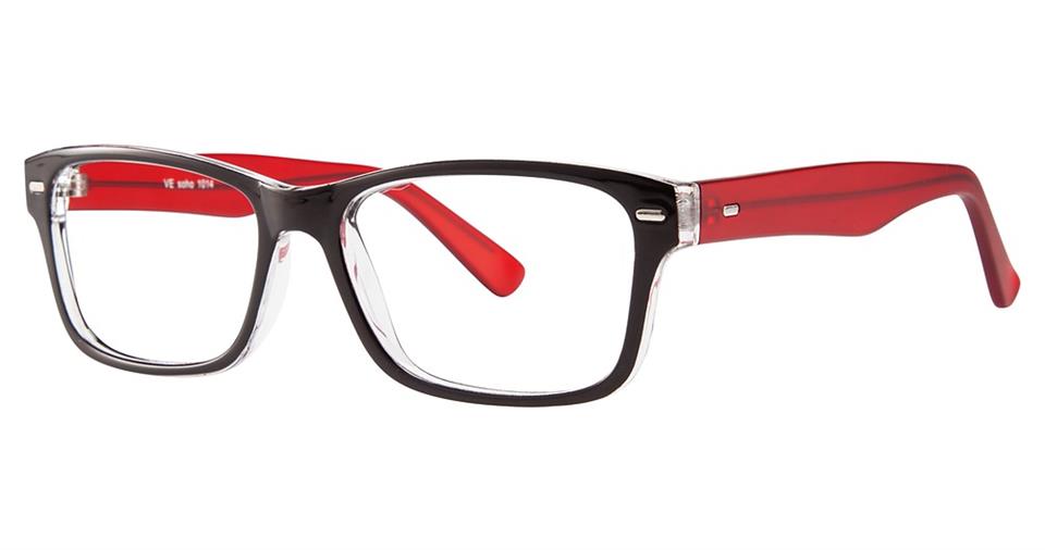 Introducing the Vivid Soho 1014 eyeglasses: a pair of rectangular frames crafted from high-quality plastic, boasting a modern style with black exteriors and bright red interiors. The earpieces are red with a translucent section near the hinges, enhancing their sleek design. The lenses are clear and sharp.