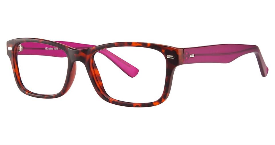 A pair of Vivid Soho 1014 eyeglasses with a modern style, featuring a tortoiseshell rectangular frame on the front and vibrant purple inner arms. Constructed from high-quality plastic, the frame is accented with metal rivets at the hinges and clear prescription lenses.