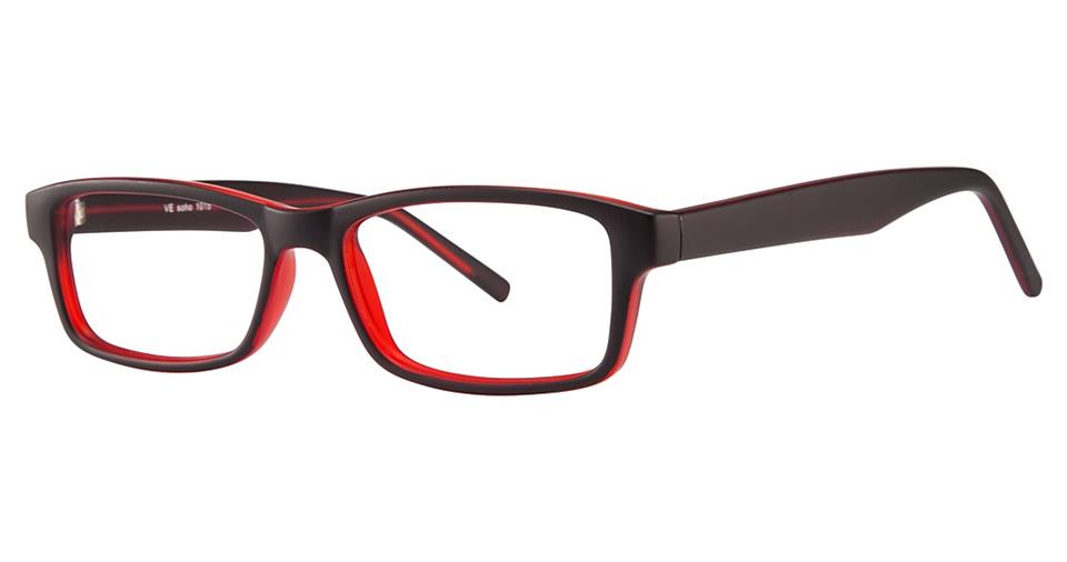 A pair of Vivid Soho 1015 eyeglasses with a black matte frame and bright red details on the inner parts of the frame and temples. The design is modern and stylish, with the red accents adding a pop of color to the otherwise classic black frame. Made from high-quality plastic, they offer both durability and flair.