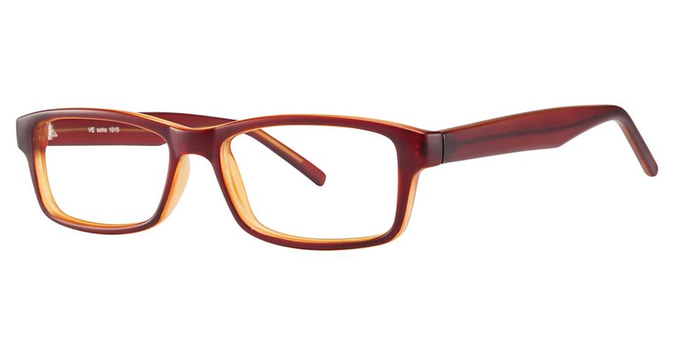 A pair of Vivid Soho 1015 eyeglasses with a thin, brown and orange, translucent frame made from high-quality plastic. The temples are solid brown on the inside while the outer edges follow the same stylish design as the front. The glasses have a lightweight and modern appearance.