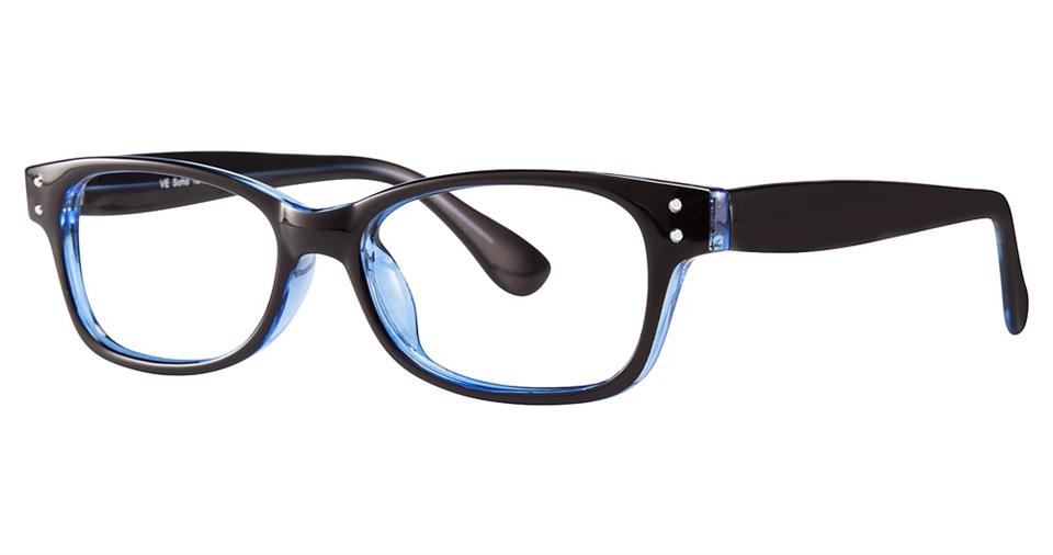 The Vivid Soho 1016 eyeglasses feature a pair of rectangular lenses with black frames and slightly curved arms. Crafted from high-quality plastic, the design boasts a contemporary style with a blue interior for a two-tone effect and silver rivet accents on the temples near the lenses, blending modernity with flair.