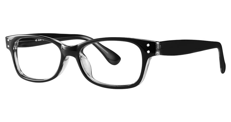 A pair of high-quality plastic, black-rimmed eyeglasses with a classic rectangular frame design and clear lenses. The temples are also black with a slight curve near the tips, and the frame features small silver accents near the hinges, exuding a contemporary style perfect for sophisticated wearers. Introducing the Vivid Soho 1016.