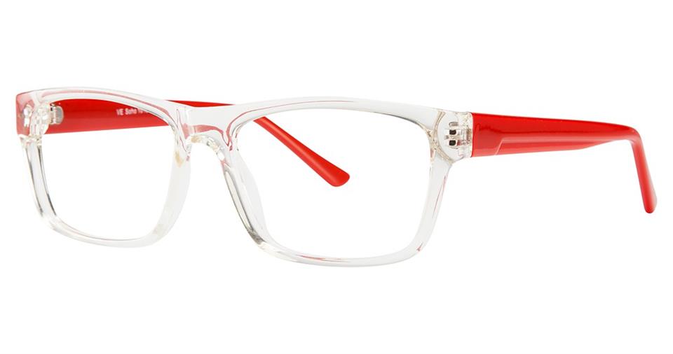 A pair of Vivid Soho 1018 rectangular eyeglasses with high-quality transparent plastic frames and bright red temples. The integrated nose pads enhance comfort, while the design combines simplicity with a modern elegance pop of color from the vibrant red temples.