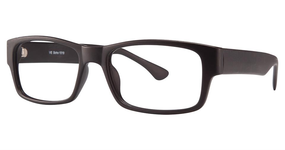 A pair of black Vivid Soho 1019 eyeglasses with rectangular frames, a slight curve at the temples, and slender arms. Made from high-quality plastic, the lenses are clear in this sleek design that is both simple and modern.